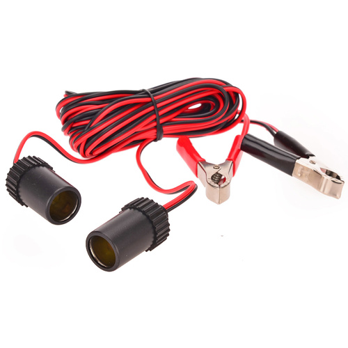 OZtrail 12V Extension Lead with Battery Clamps and Twin Outlets